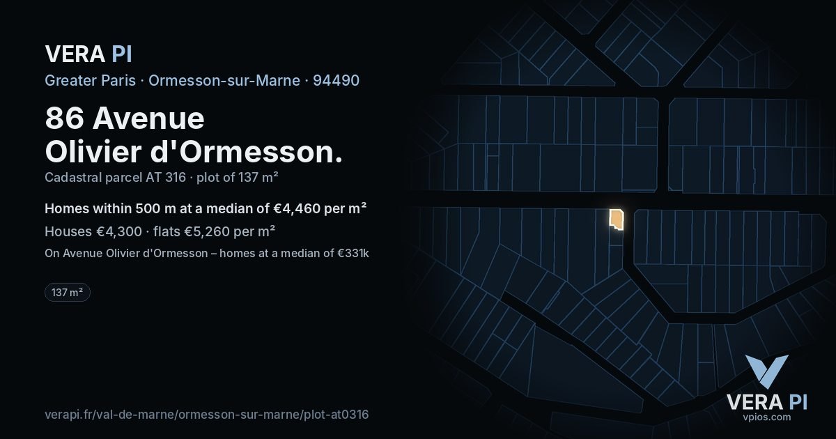 86 Avenue Olivier d'Ormesson, Ormesson-sur-Marne at night – the plot lit, the parcels around coloured by the prices near them