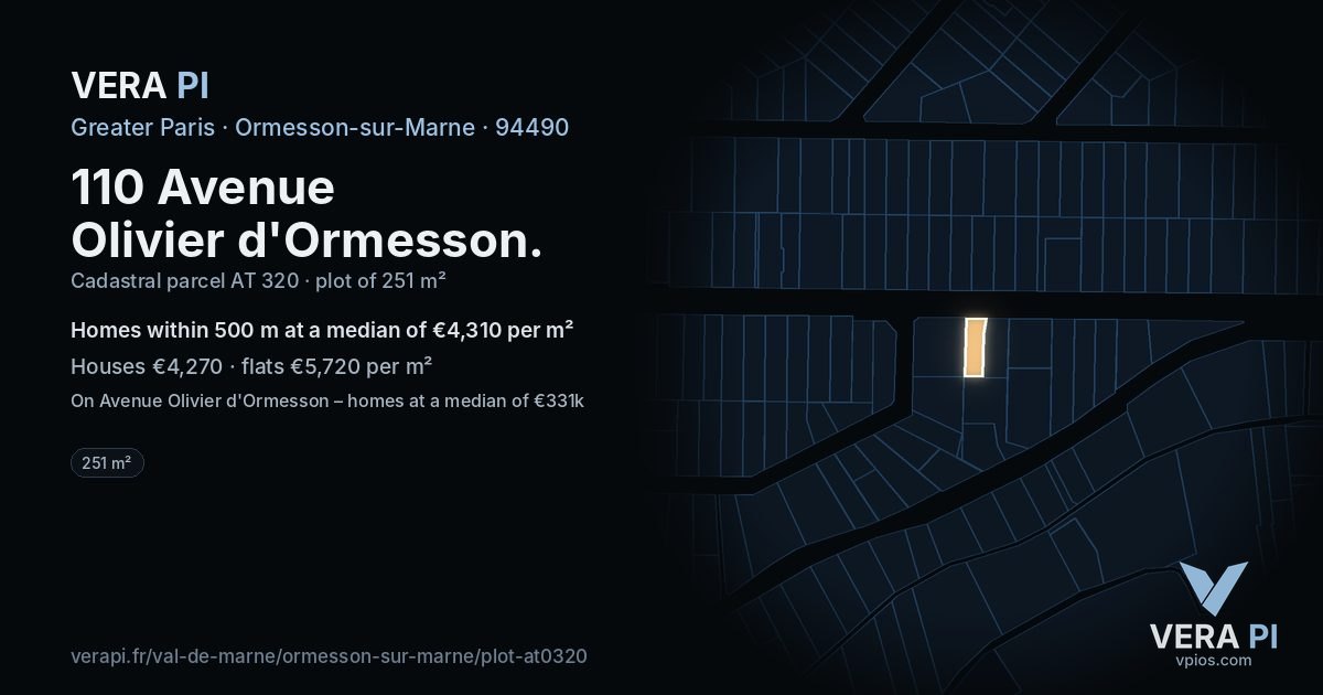 110 Avenue Olivier d'Ormesson, Ormesson-sur-Marne at night – the plot lit, the parcels around coloured by the prices near them