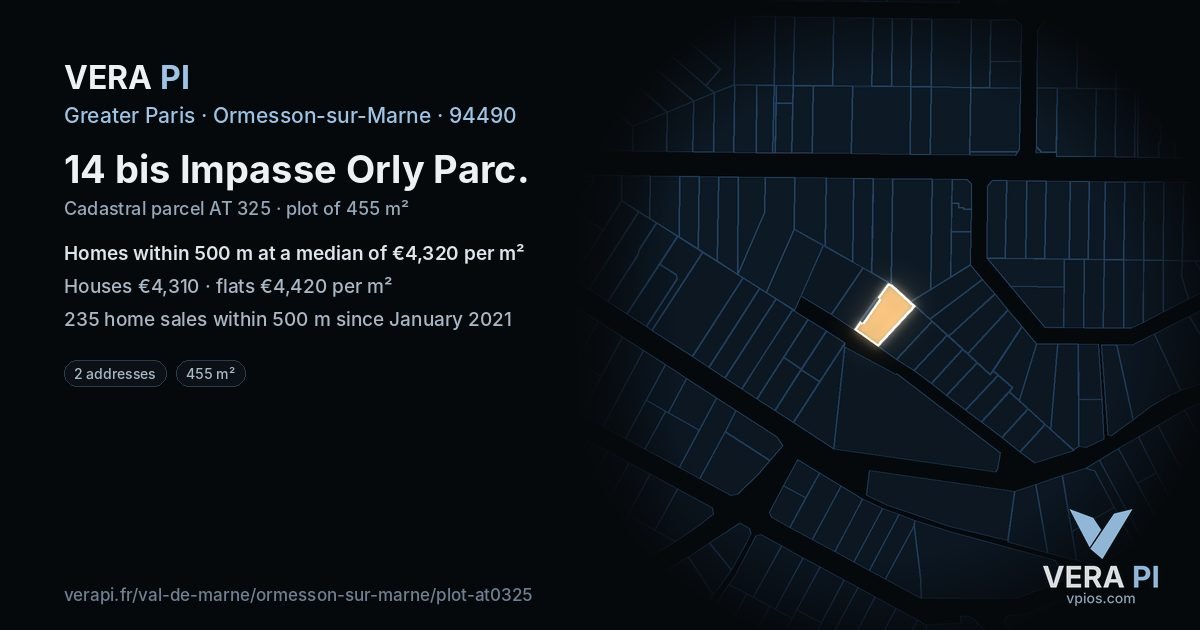 14 bis Impasse Orly Parc, Ormesson-sur-Marne at night – the plot lit, the parcels around coloured by the prices near them