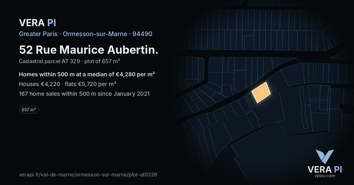 52 Rue Maurice Aubertin, Ormesson-sur-Marne at night – the plot lit, the parcels around coloured by the prices near them