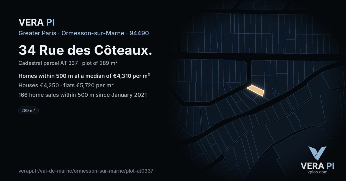 34 Rue des Côteaux, Ormesson-sur-Marne at night – the plot lit, the parcels around coloured by the prices near them