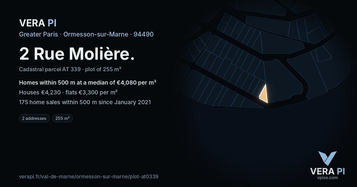 2 Rue Molière, Ormesson-sur-Marne at night – the plot lit, the parcels around coloured by the prices near them