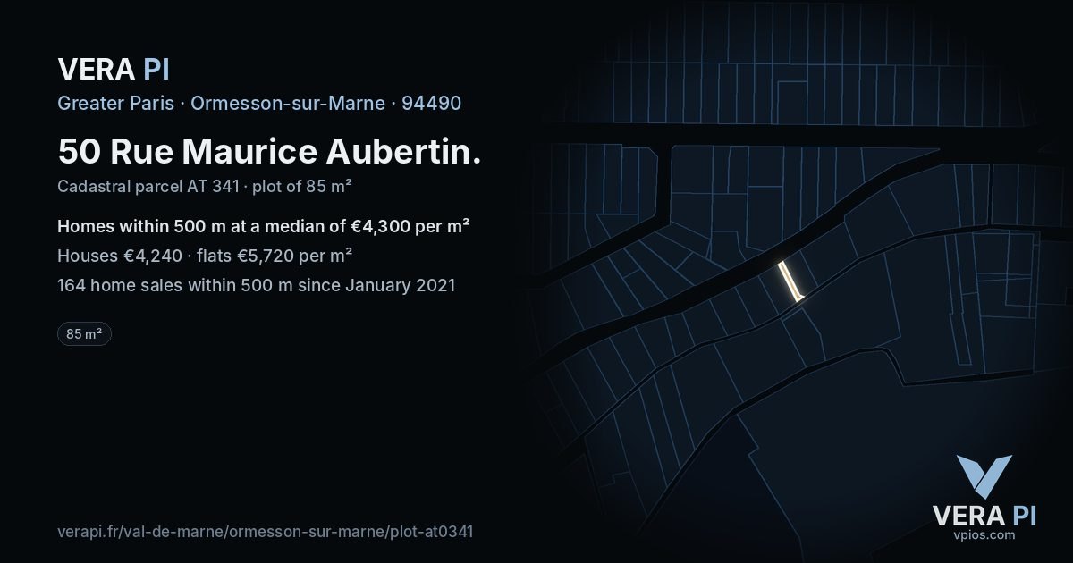 50 Rue Maurice Aubertin, Ormesson-sur-Marne at night – the plot lit, the parcels around coloured by the prices near them