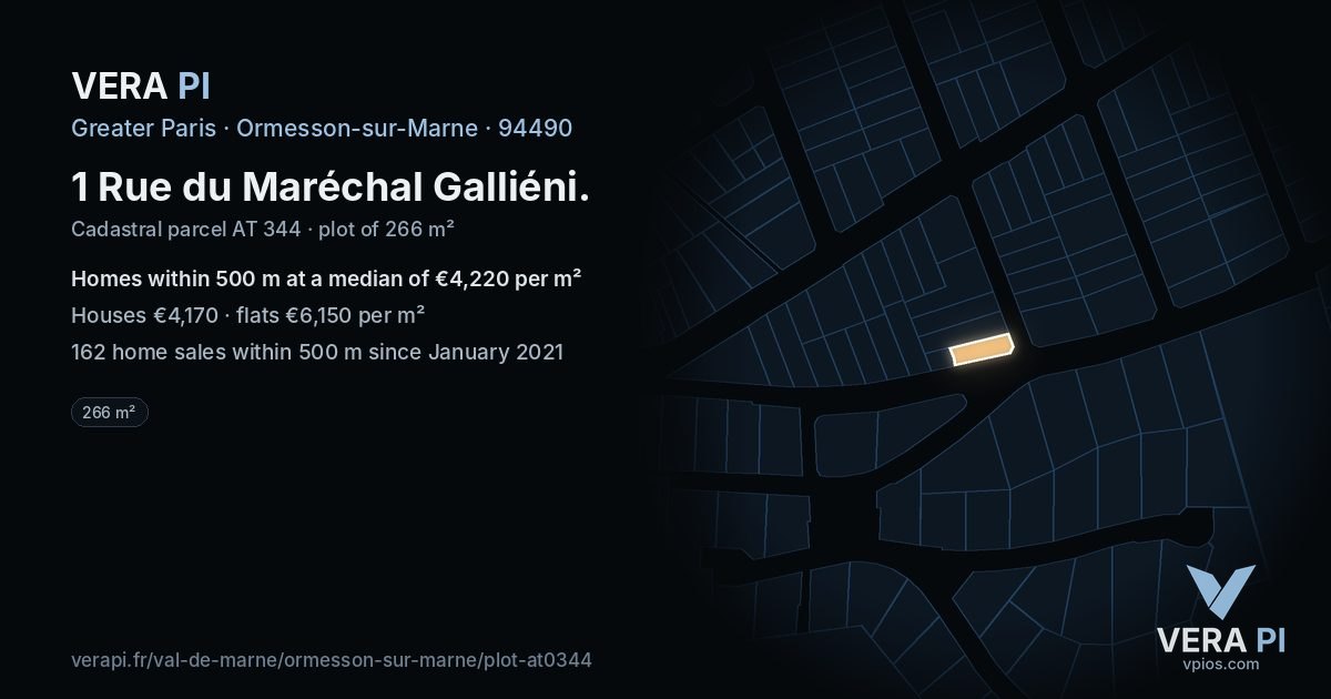 1 Rue du Maréchal Galliéni, Ormesson-sur-Marne at night – the plot lit, the parcels around coloured by the prices near them
