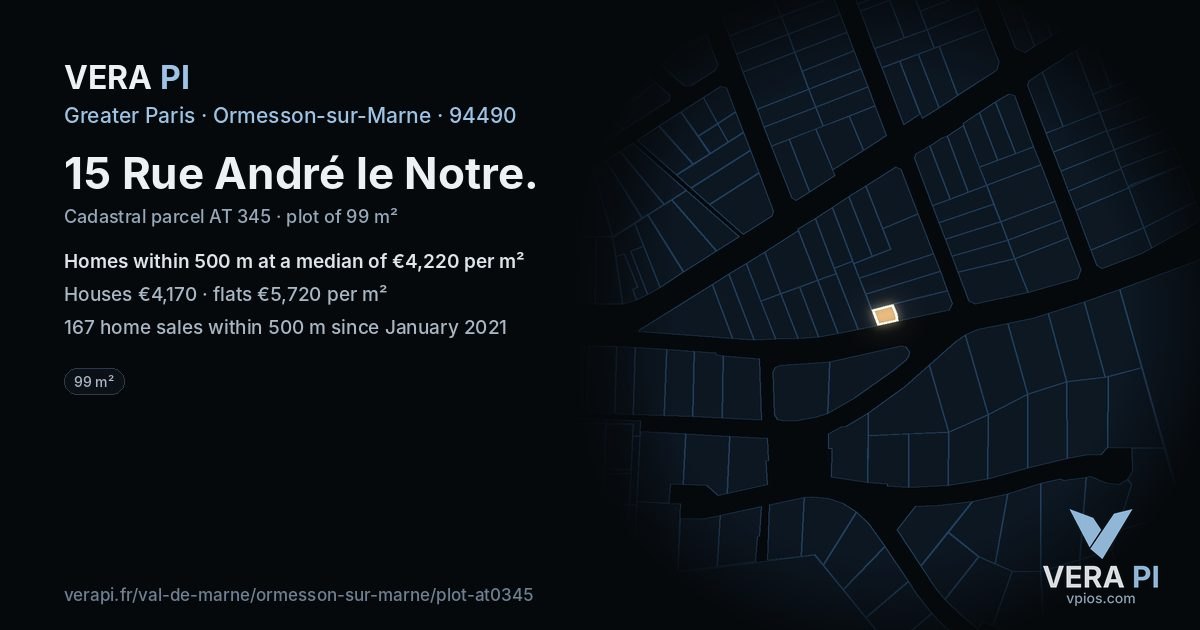 15 Rue André le Notre, Ormesson-sur-Marne at night – the plot lit, the parcels around coloured by the prices near them