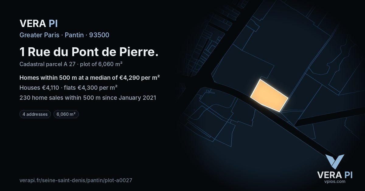 1 Rue du Pont de Pierre, Pantin at night – the plot lit, the parcels around coloured by the prices near them