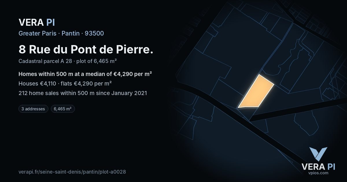 8 Rue du Pont de Pierre, Pantin at night – the plot lit, the parcels around coloured by the prices near them