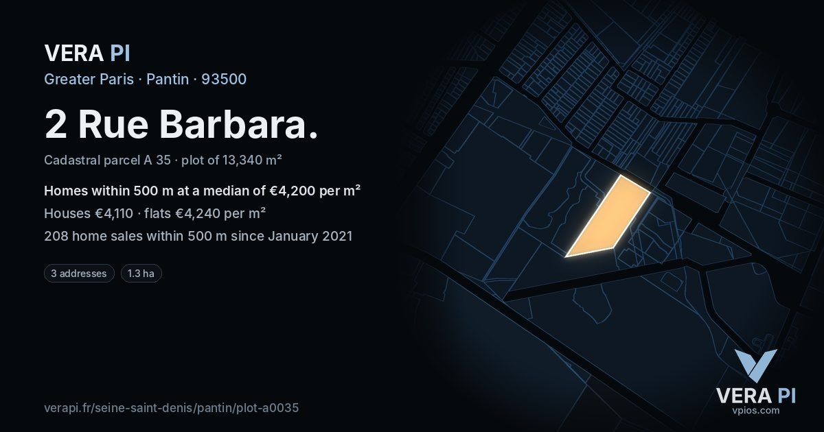 2 Rue Barbara, Pantin at night – the plot lit, the parcels around coloured by the prices near them