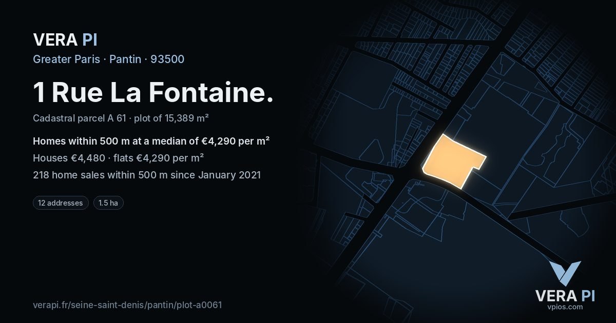 1 Rue La Fontaine, Pantin at night – the plot lit, the parcels around coloured by the prices near them