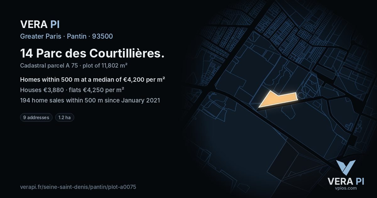 14 Parc des Courtillières, Pantin at night – the plot lit, the parcels around coloured by the prices near them