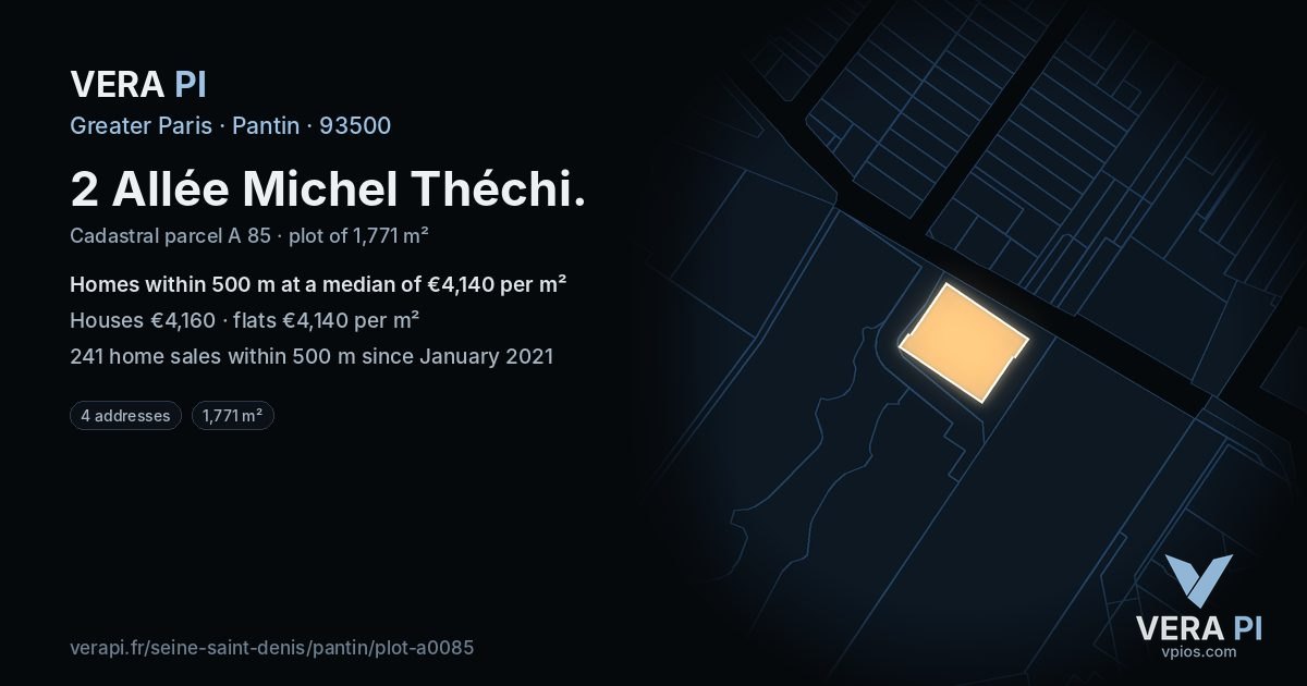 2 Allée Michel Théchi, Pantin at night – the plot lit, the parcels around coloured by the prices near them