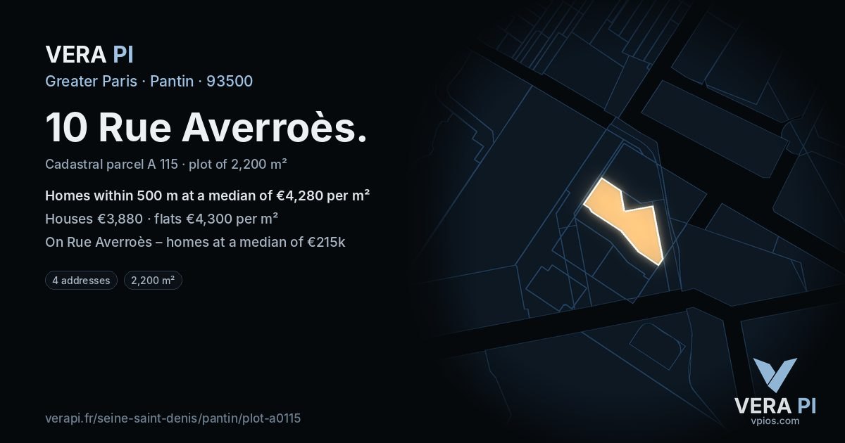 10 Rue Averroès, Pantin at night – the plot lit, the parcels around coloured by the prices near them