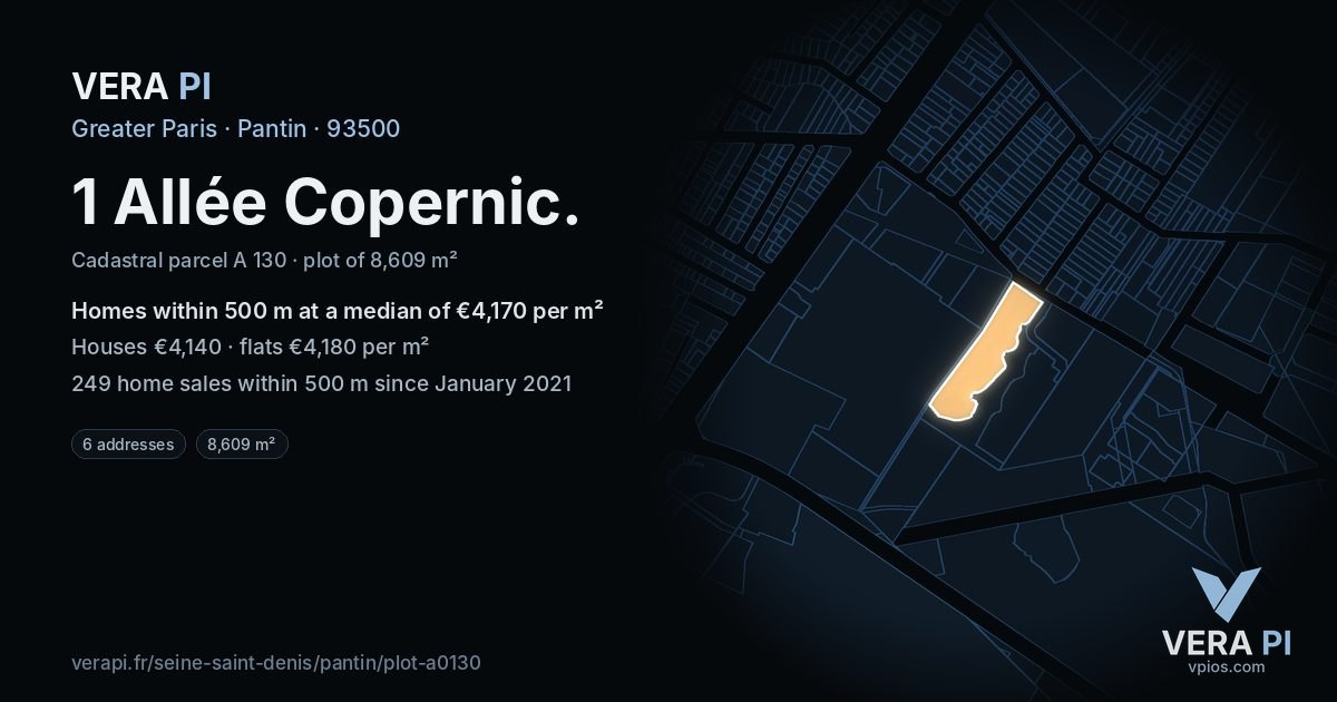 1 Allée Copernic, Pantin at night – the plot lit, the parcels around coloured by the prices near them