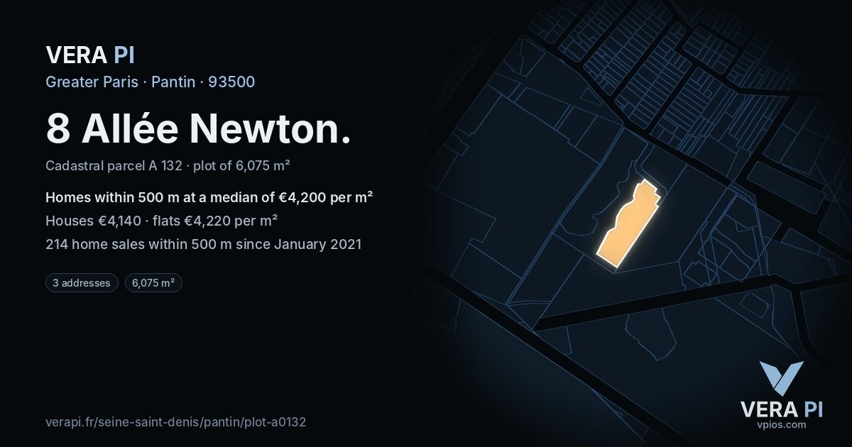 8 Allée Newton, Pantin at night – the plot lit, the parcels around coloured by the prices near them