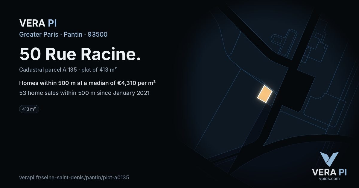 50 Rue Racine, Pantin at night – the plot lit, the parcels around coloured by the prices near them