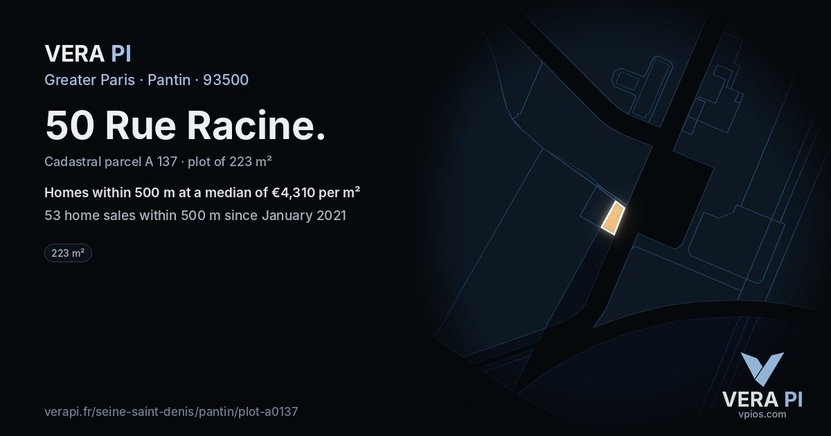 50 Rue Racine, Pantin at night – the plot lit, the parcels around coloured by the prices near them