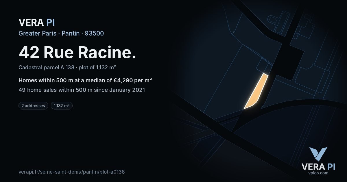 42 Rue Racine, Pantin at night – the plot lit, the parcels around coloured by the prices near them