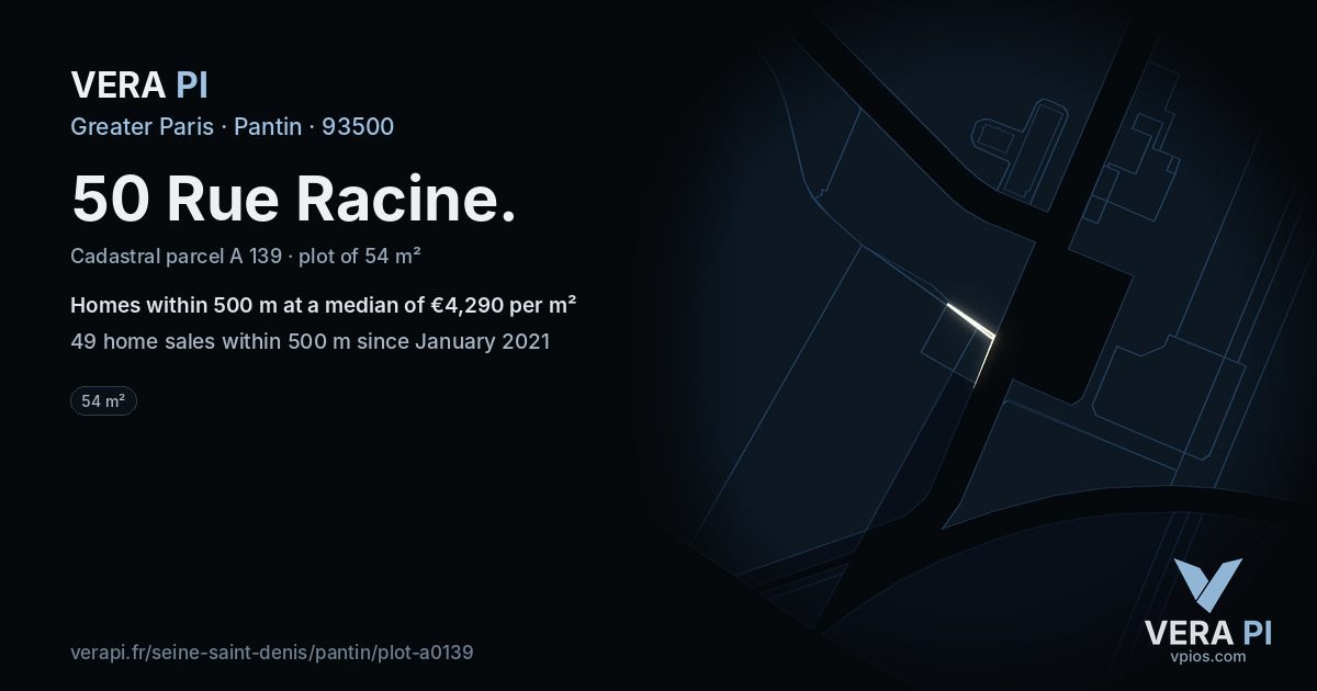 50 Rue Racine, Pantin at night – the plot lit, the parcels around coloured by the prices near them