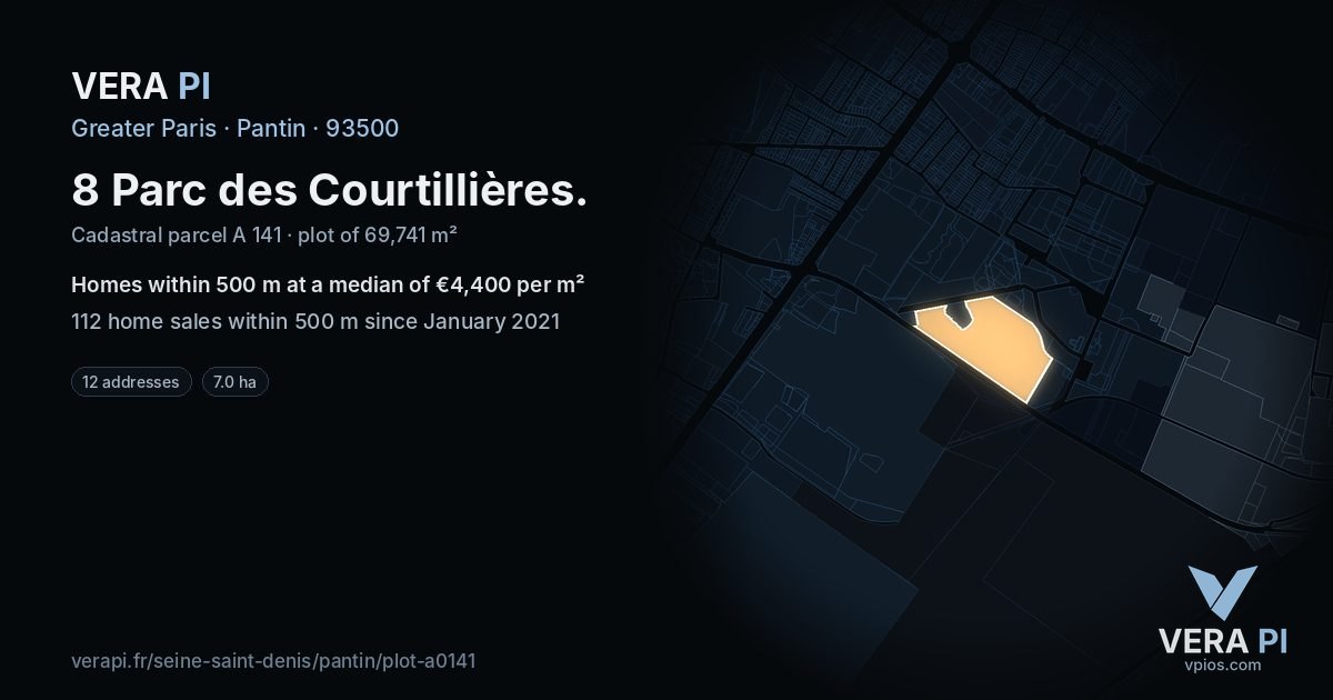 8 Parc des Courtillières, Pantin at night – the plot lit, the parcels around coloured by the prices near them