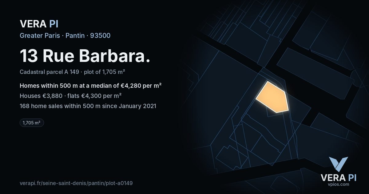 13 Rue Barbara, Pantin at night – the plot lit, the parcels around coloured by the prices near them