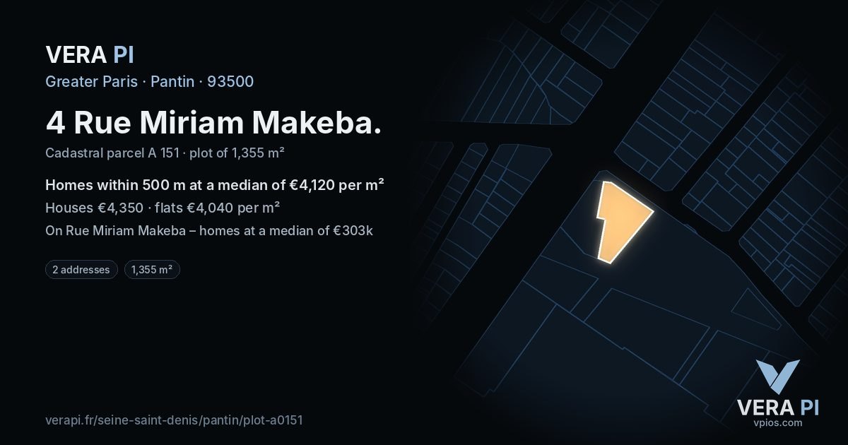4 Rue Miriam Makeba, Pantin at night – the plot lit, the parcels around coloured by the prices near them