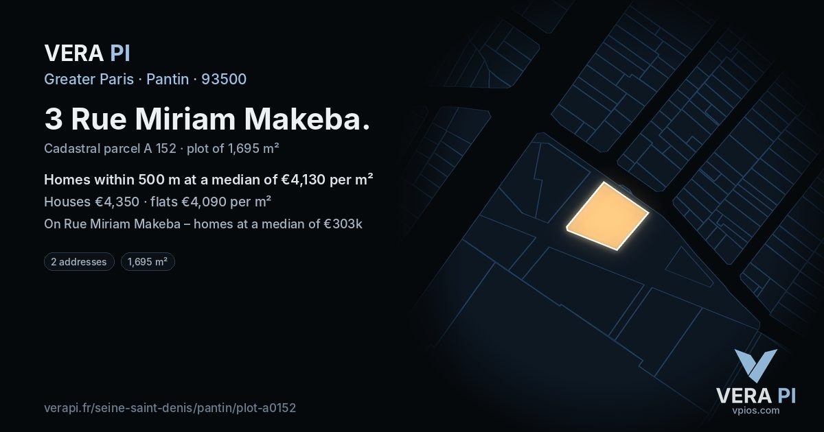 3 Rue Miriam Makeba, Pantin at night – the plot lit, the parcels around coloured by the prices near them