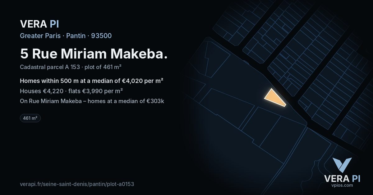 5 Rue Miriam Makeba, Pantin at night – the plot lit, the parcels around coloured by the prices near them