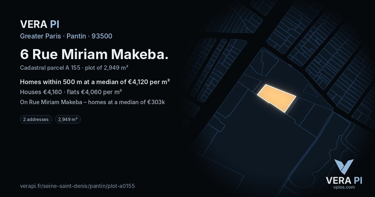 6 Rue Miriam Makeba, Pantin at night – the plot lit, the parcels around coloured by the prices near them