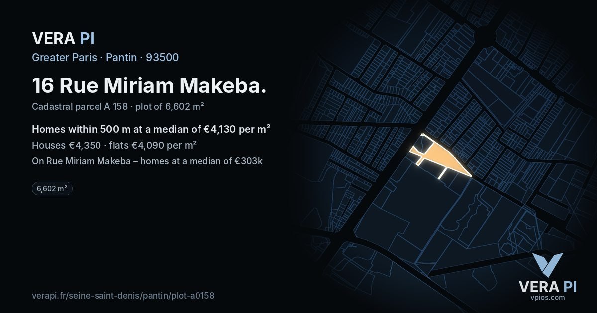 16 Rue Miriam Makeba, Pantin at night – the plot lit, the parcels around coloured by the prices near them