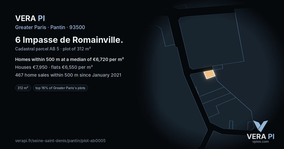 6 Impasse de Romainville, Pantin at night – the plot lit, the parcels around coloured by the prices near them