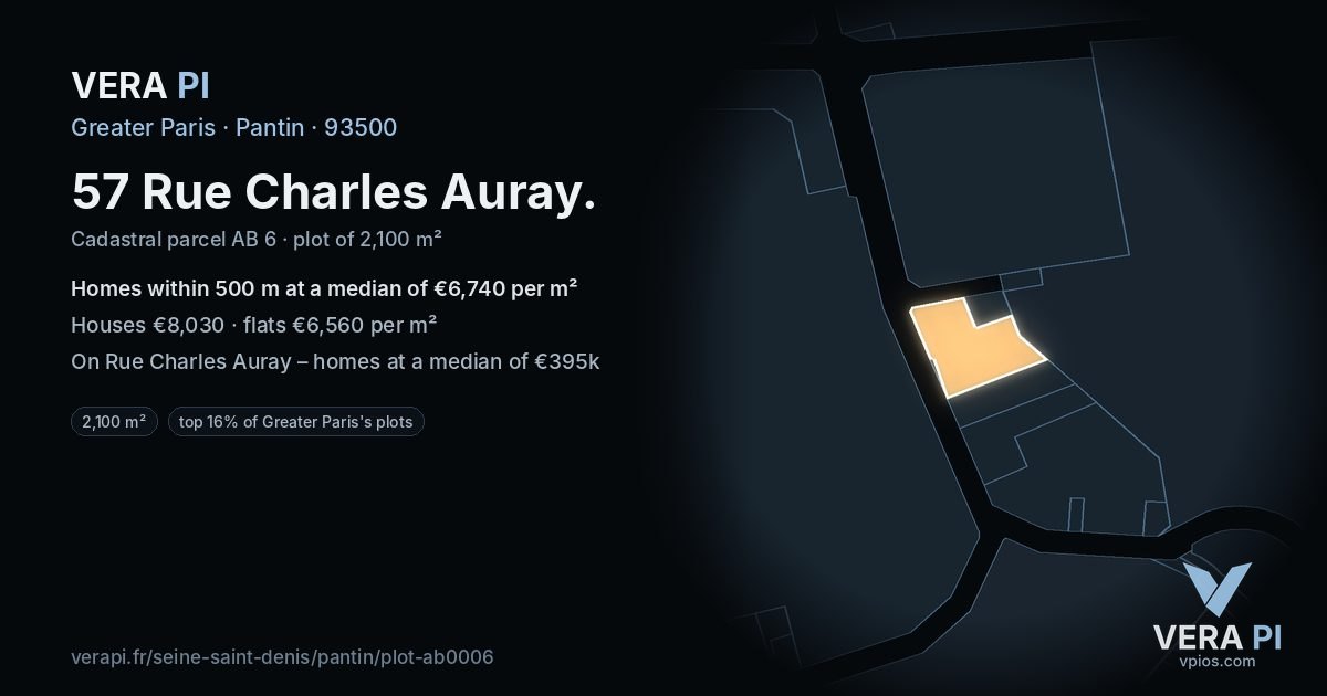 57 Rue Charles Auray, Pantin at night – the plot lit, the parcels around coloured by the prices near them