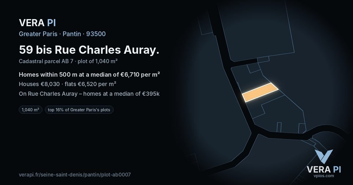 59 bis Rue Charles Auray, Pantin at night – the plot lit, the parcels around coloured by the prices near them