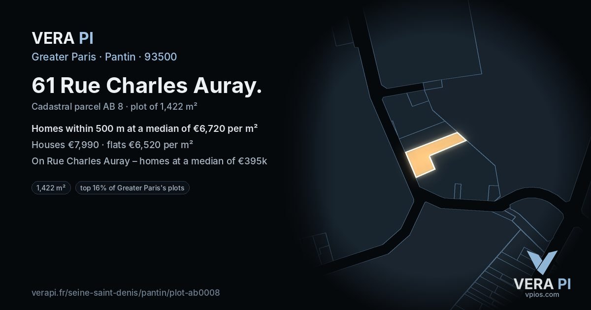 61 Rue Charles Auray, Pantin at night – the plot lit, the parcels around coloured by the prices near them