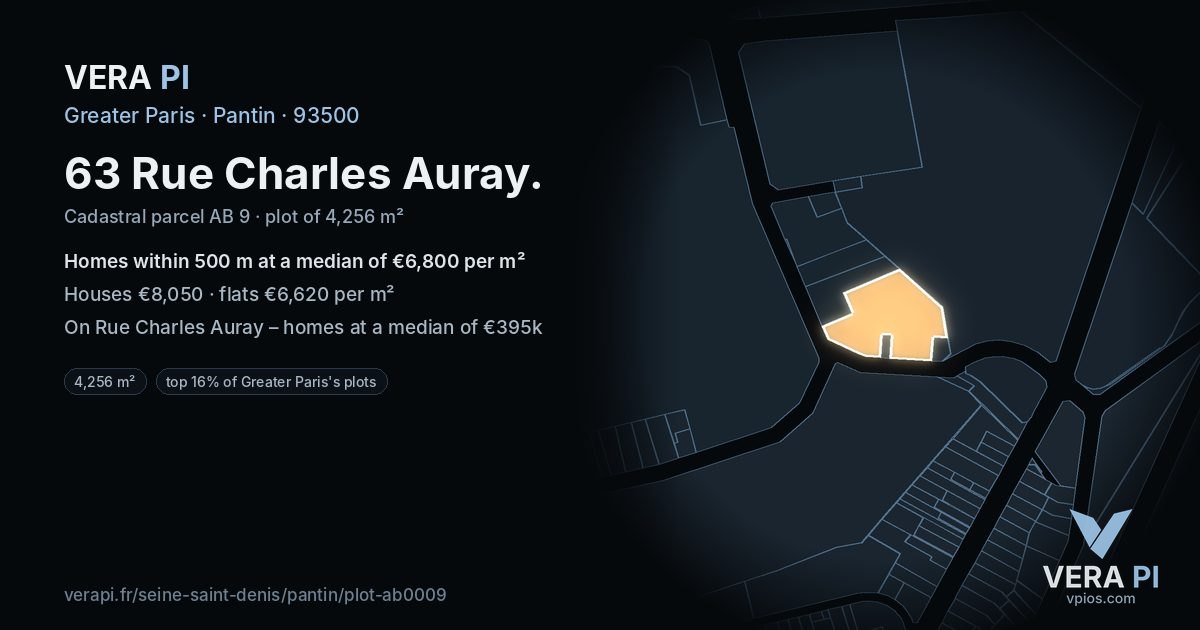 63 Rue Charles Auray, Pantin at night – the plot lit, the parcels around coloured by the prices near them