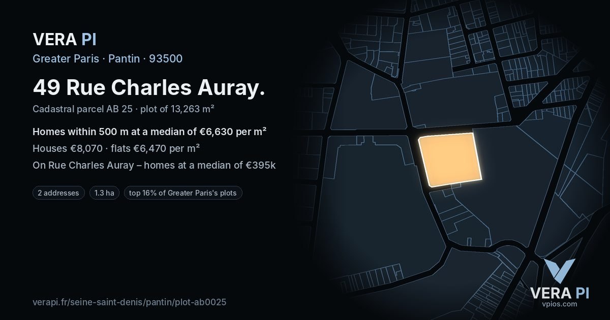 49 Rue Charles Auray, Pantin at night – the plot lit, the parcels around coloured by the prices near them