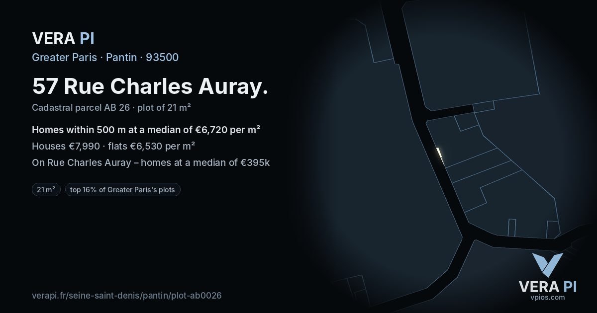 57 Rue Charles Auray, Pantin at night – the plot lit, the parcels around coloured by the prices near them