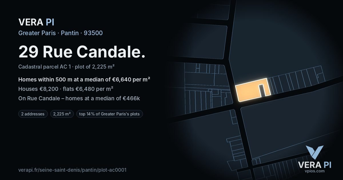 29 Rue Candale, Pantin at night – the plot lit, the parcels around coloured by the prices near them