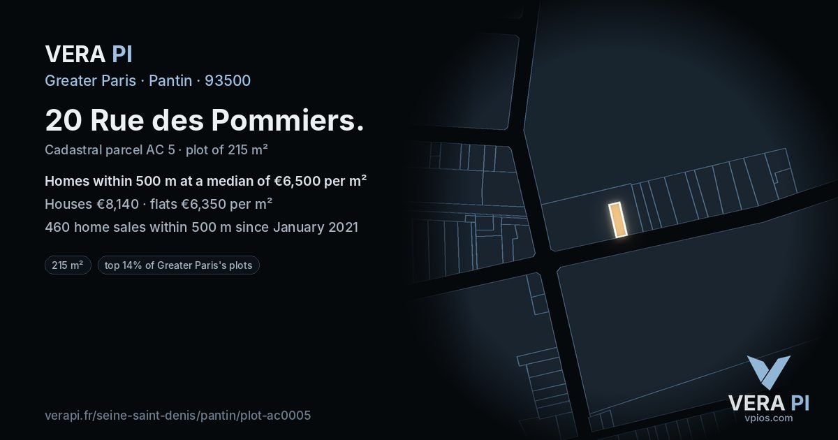 20 Rue des Pommiers, Pantin at night – the plot lit, the parcels around coloured by the prices near them