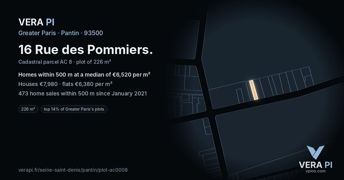 16 Rue des Pommiers, Pantin at night – the plot lit, the parcels around coloured by the prices near them
