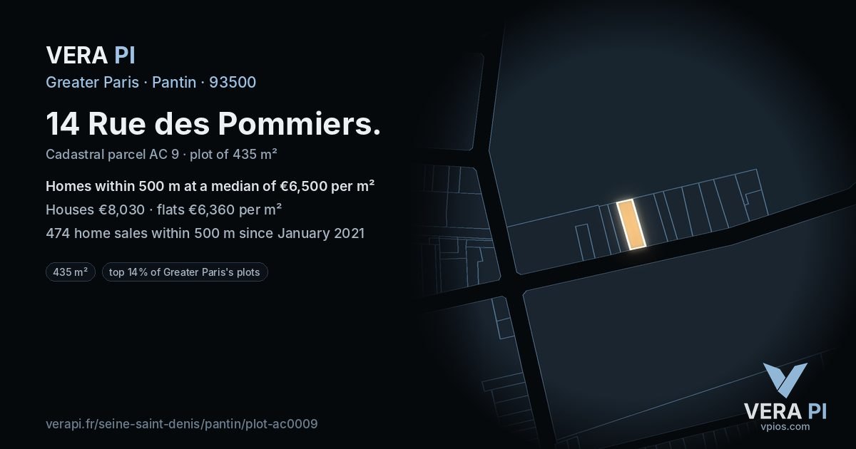 14 Rue des Pommiers, Pantin at night – the plot lit, the parcels around coloured by the prices near them