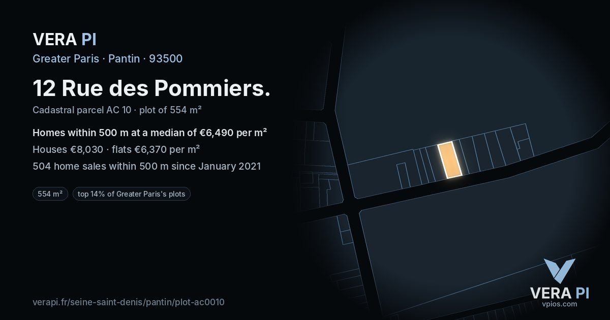 12 Rue des Pommiers, Pantin at night – the plot lit, the parcels around coloured by the prices near them