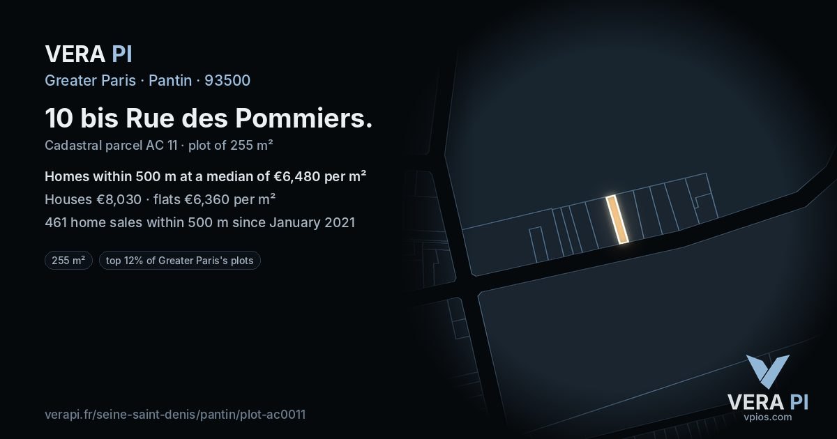 10 bis Rue des Pommiers, Pantin at night – the plot lit, the parcels around coloured by the prices near them