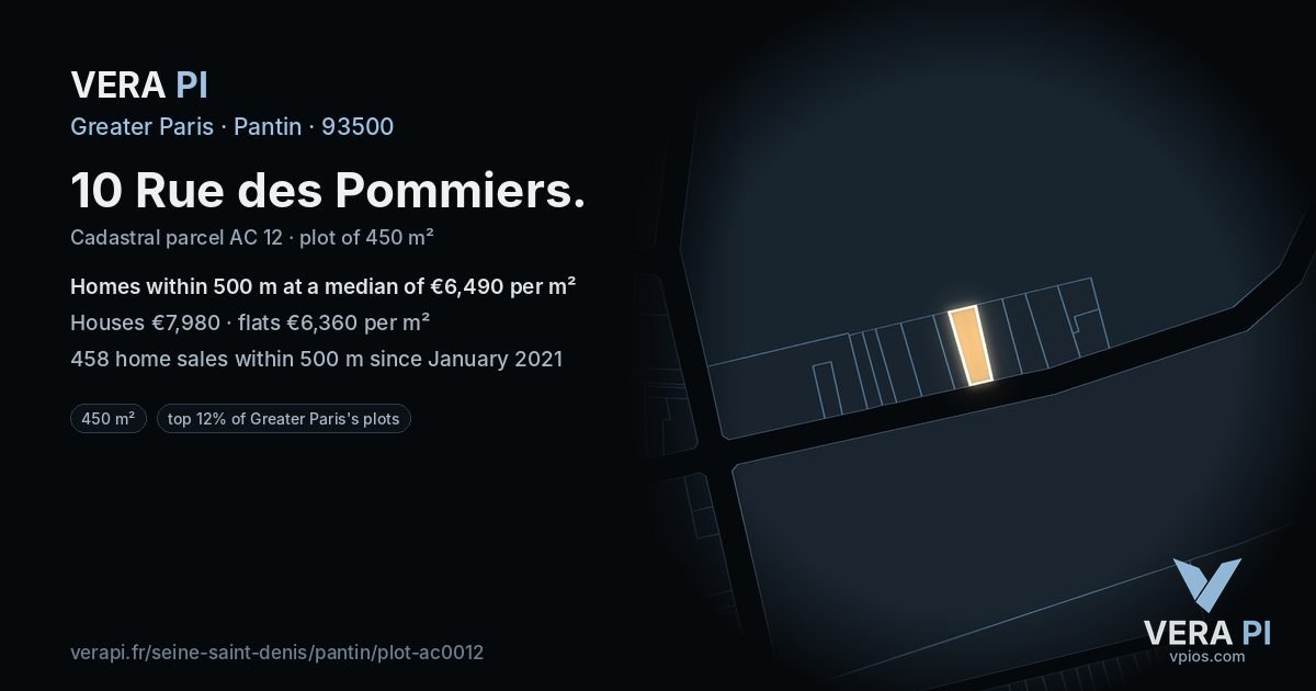10 Rue des Pommiers, Pantin at night – the plot lit, the parcels around coloured by the prices near them