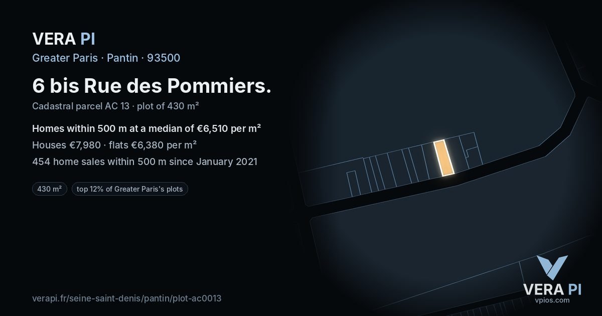 6 bis Rue des Pommiers, Pantin at night – the plot lit, the parcels around coloured by the prices near them