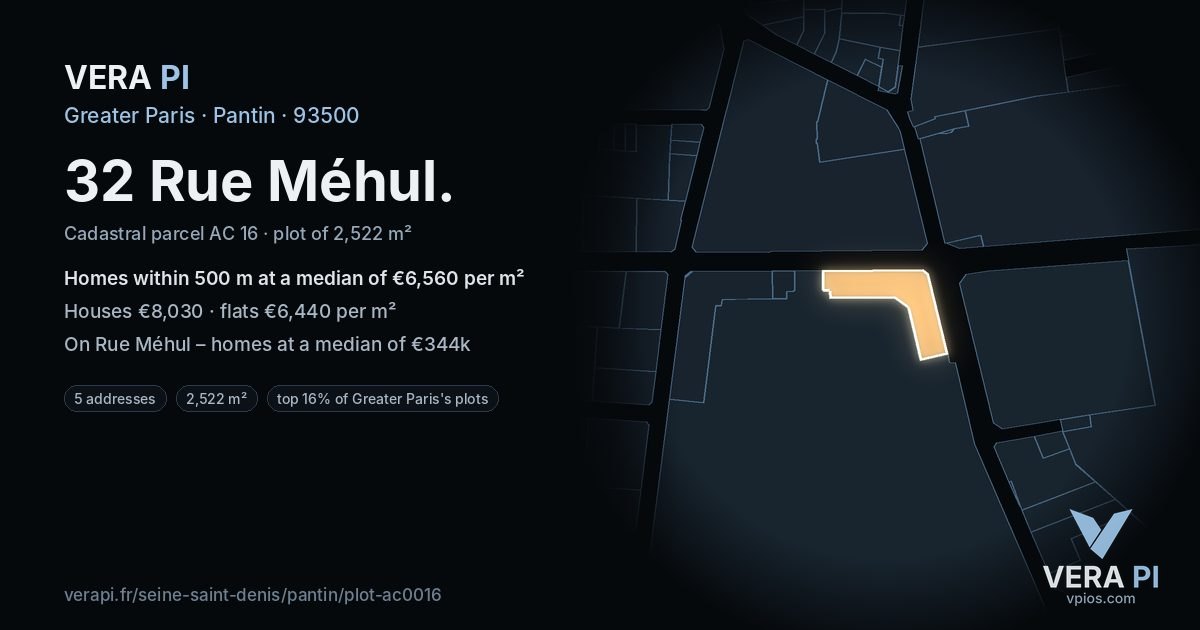 32 Rue Méhul, Pantin at night – the plot lit, the parcels around coloured by the prices near them