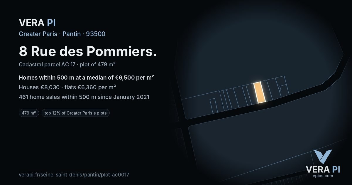8 Rue des Pommiers, Pantin at night – the plot lit, the parcels around coloured by the prices near them
