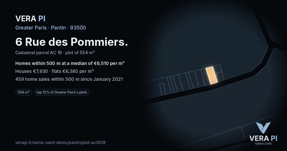 6 Rue des Pommiers, Pantin at night – the plot lit, the parcels around coloured by the prices near them