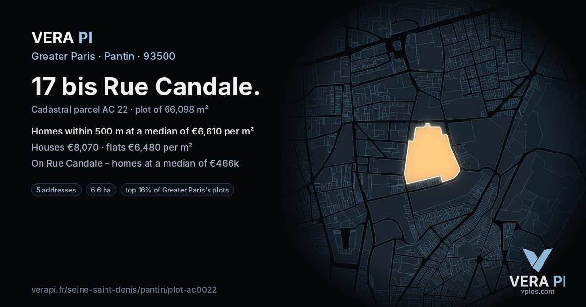 17 bis Rue Candale, Pantin at night – the plot lit, the parcels around coloured by the prices near them