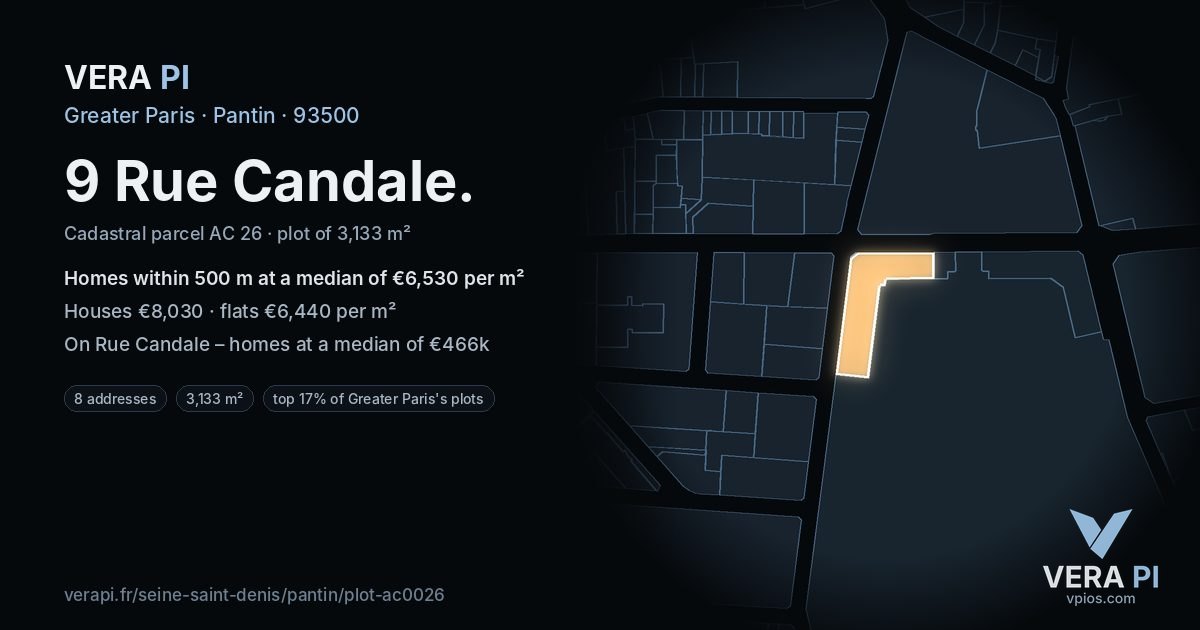 9 Rue Candale, Pantin at night – the plot lit, the parcels around coloured by the prices near them