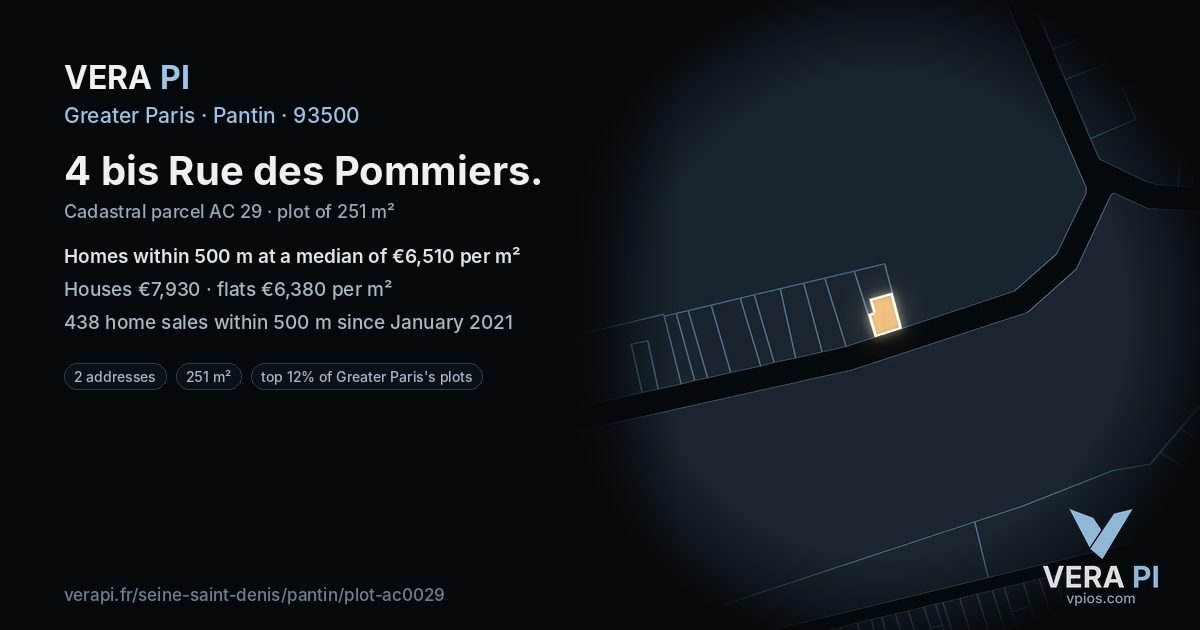 4 bis Rue des Pommiers, Pantin at night – the plot lit, the parcels around coloured by the prices near them
